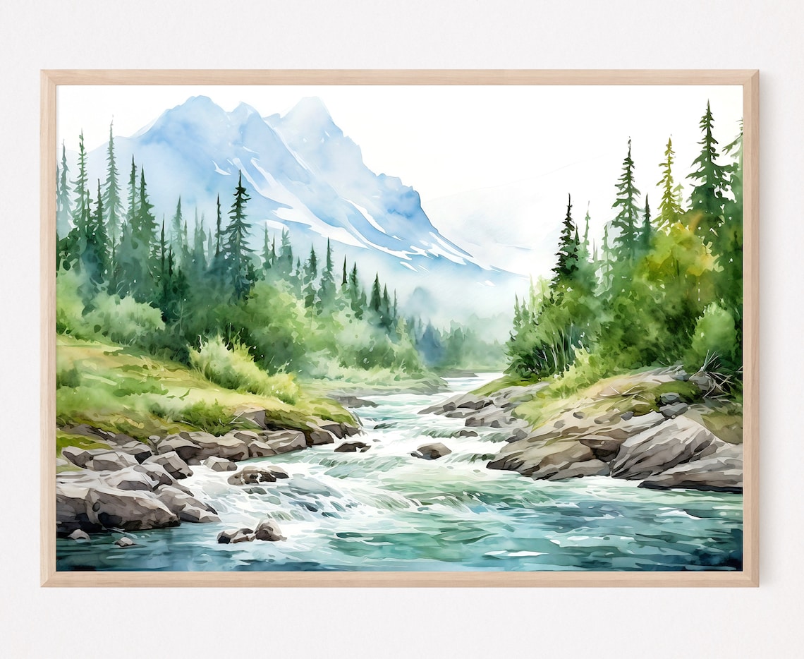 Mountain River Watercolor Landscape, Minimalist Wall Art