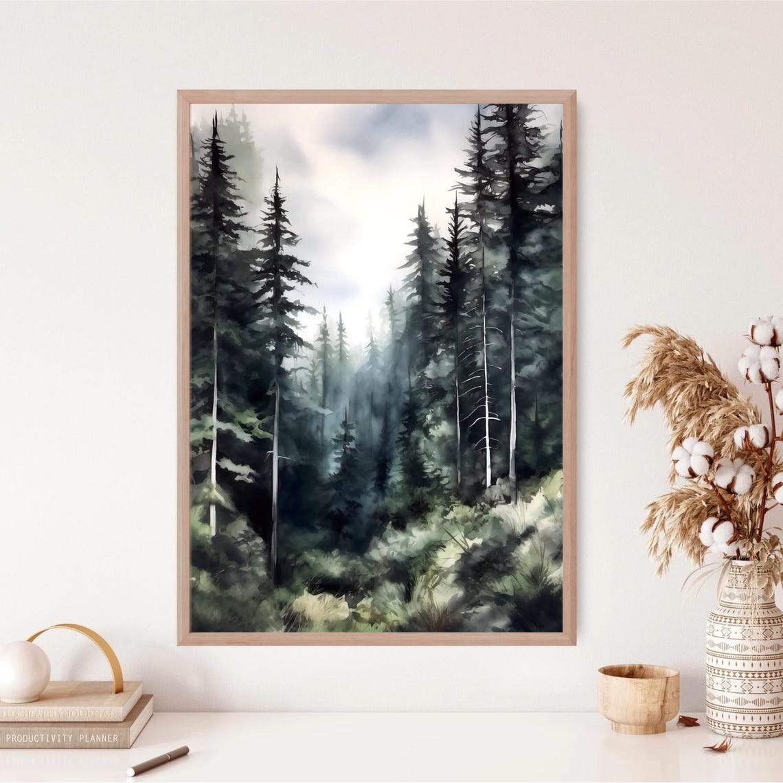 Dark Evergreen Forest Mist Moody Pine Trees Watercolor Poster - Image 2