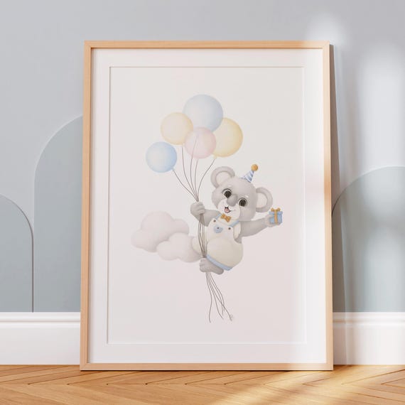 Birthday Koala Illustration Gicle Print Forest Animal Playroom Wall Art