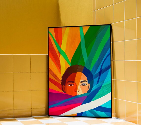 Rainbow Ribbon Woman Portrait Vibrant Maximalist Color Burst Poster