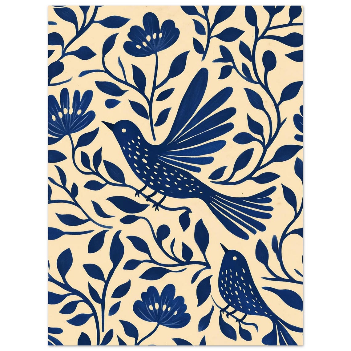 Chinoiserie Navy Blue Bird Floral Pattern Cream Background Poster