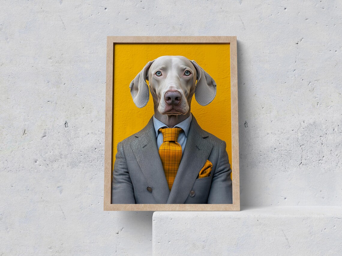 Suited Weimaraner Dog Grey Business Suit Yellow Tie Funny Poster