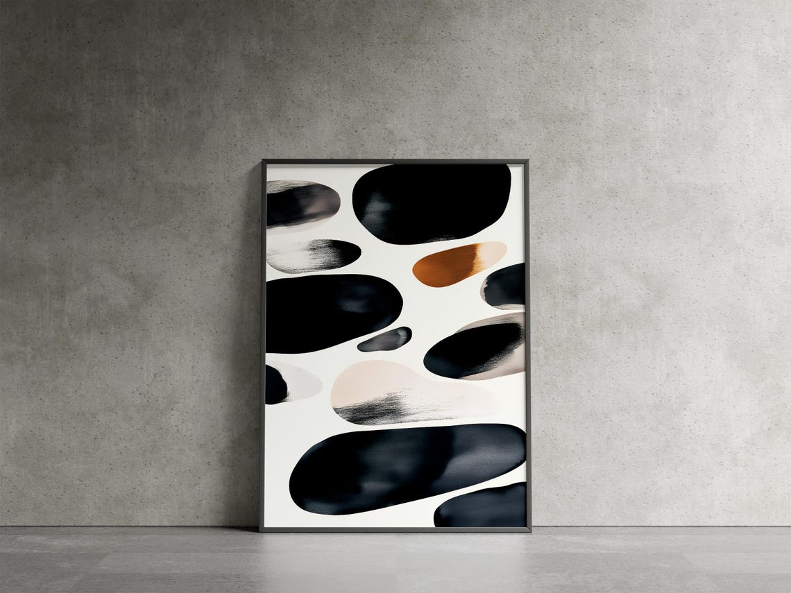 Abstract Pebble Shapes Black Cream Brown Organic Minimal Poster