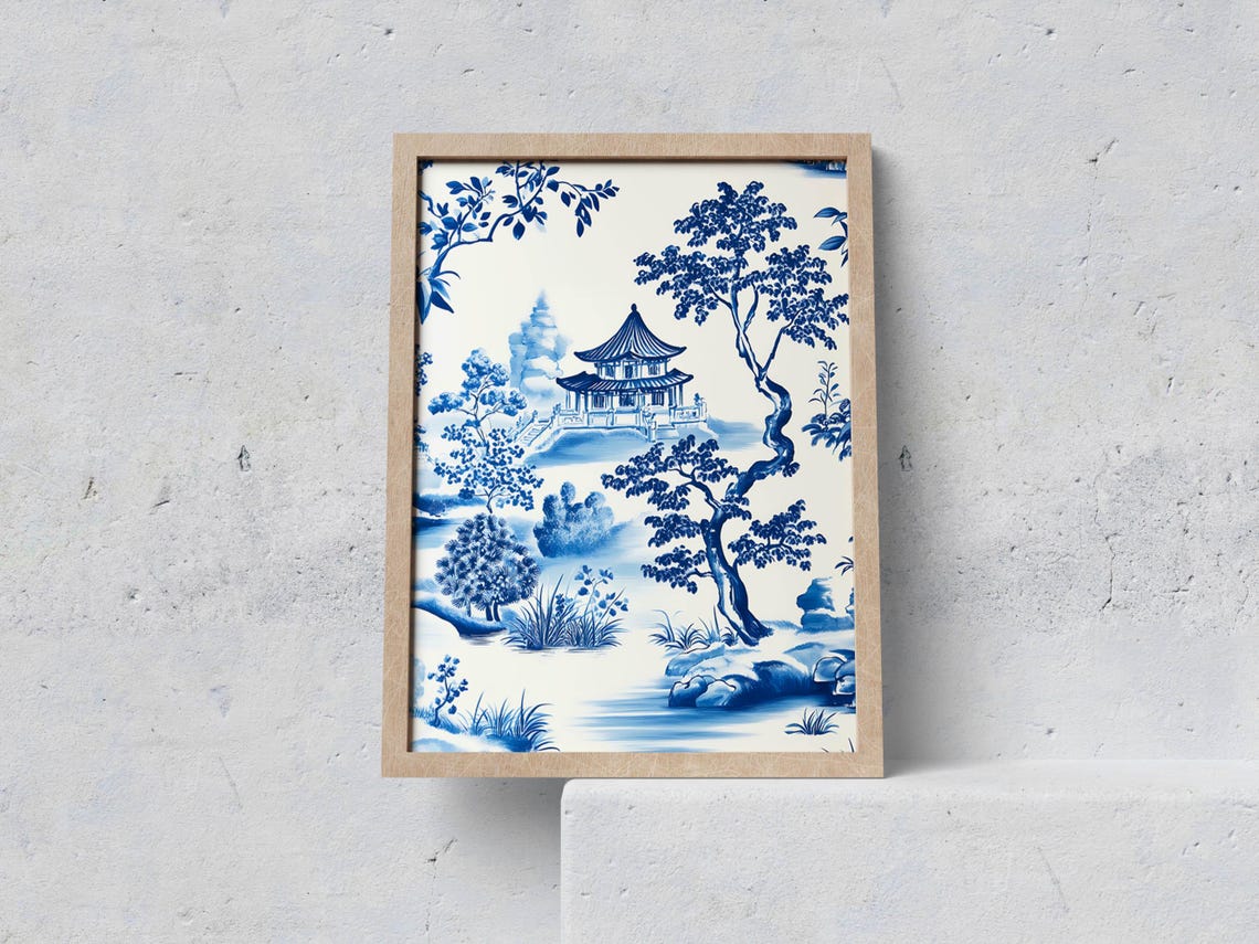 Chinoiserie Blue Oriental Pagoda Landscape Poster for Entryway Decor