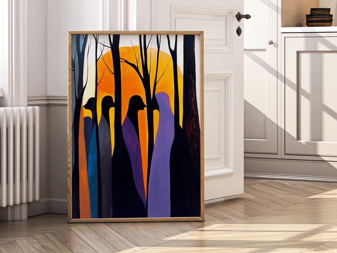 Bird Silhouettes Among Colorful Trees at Orange Sunset Poster