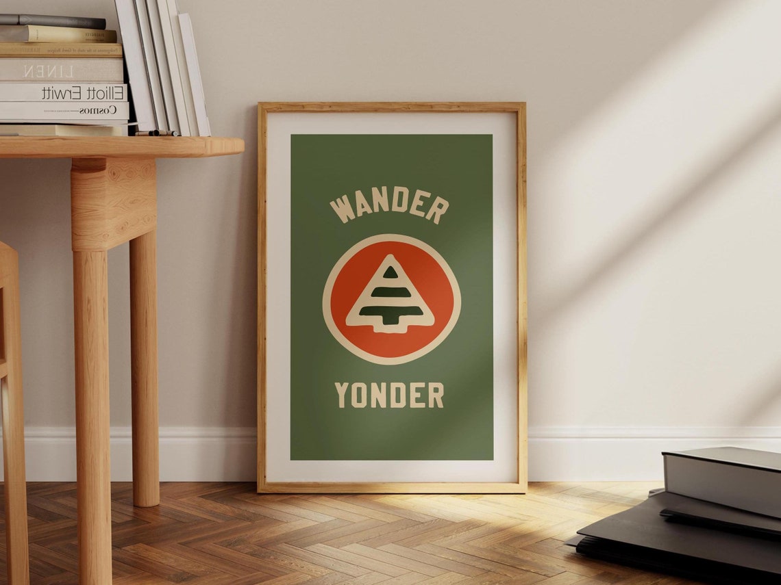 Wander Yonder Pine Tree Badge Retro Camping Adventure Wall Art