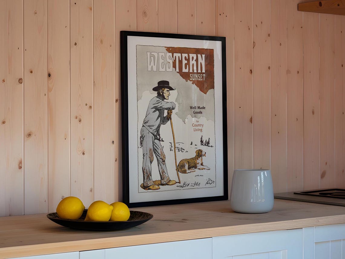 Western Sunset Cowboy Hunter Dog Country Living Style Poster