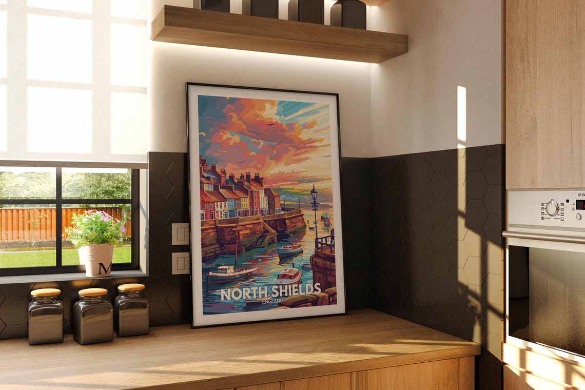 North Shields England Travel Poster Harbor Sunset Boats Colorful - Image 3
