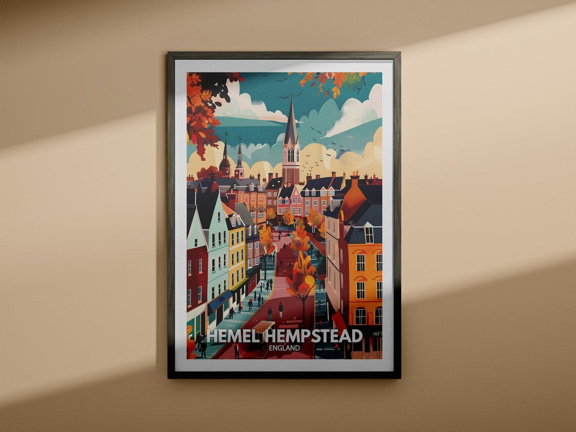 Hemel Hempstead England Travel Poster Autumn Street Spire Scene - Image 4