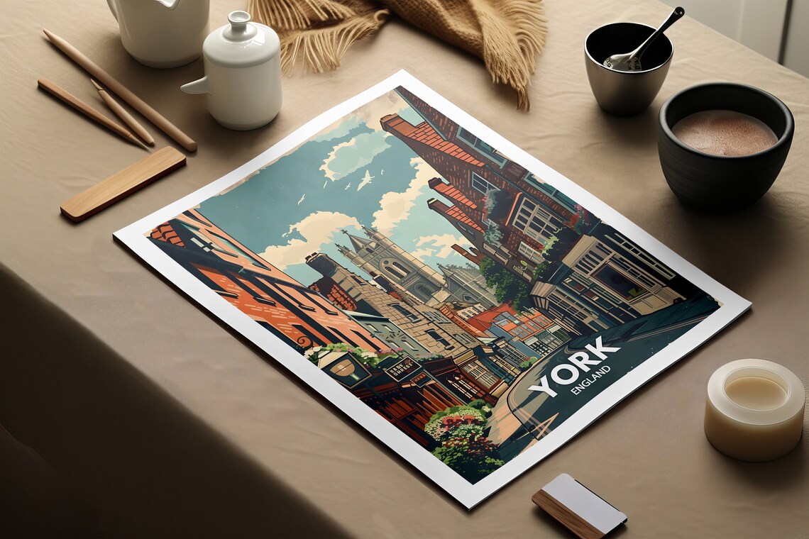York Medieval Brick Street Church Spire Historic City Poster - Image 2