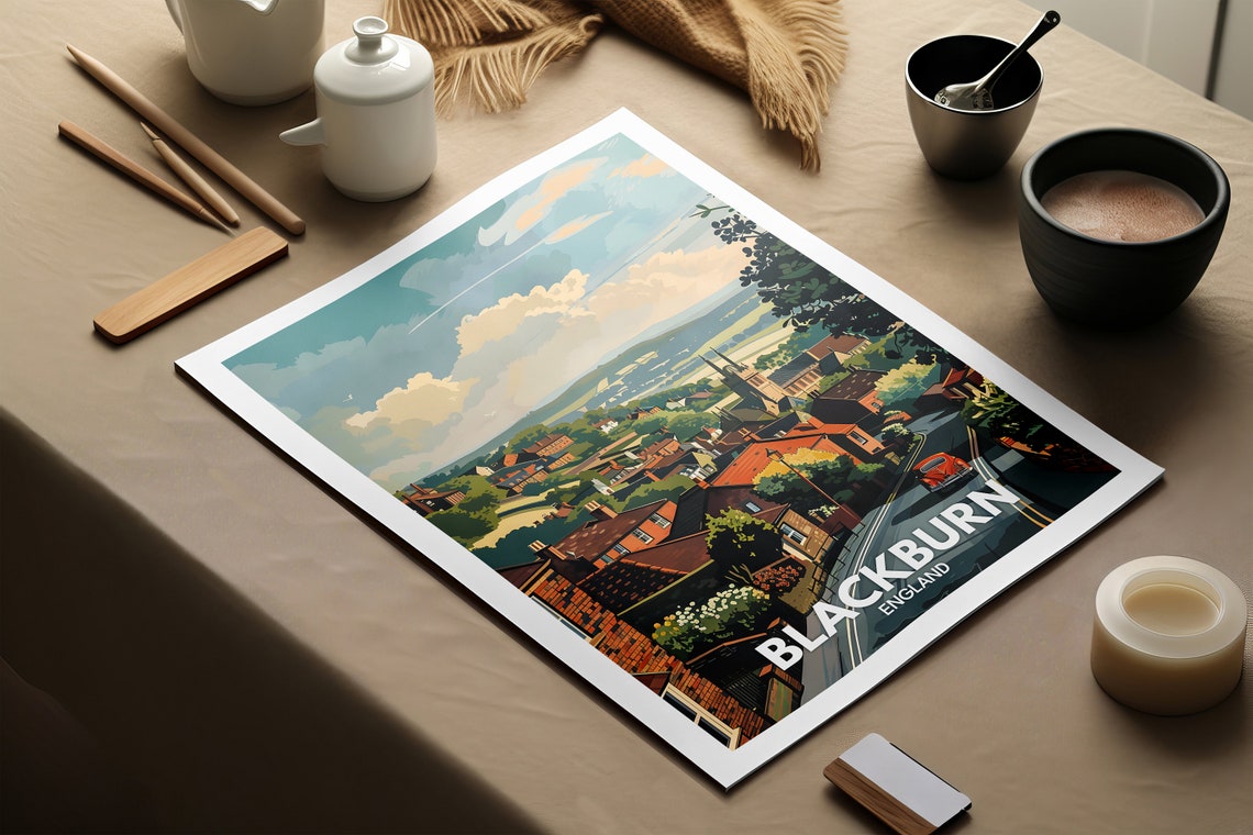 Blackburn England Town Panorama Rooftops Church Classic Travel Poster - Image 2