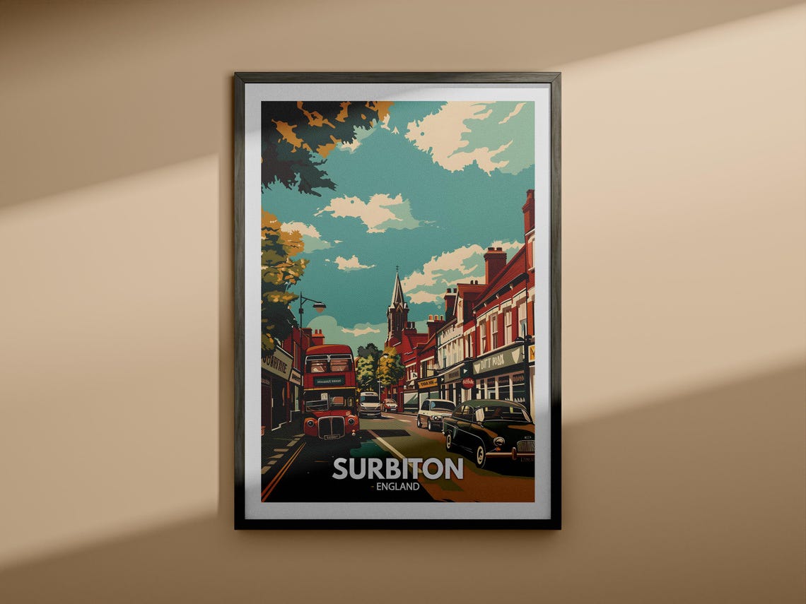 Surbiton Red Double Decker Bus High Street Church England Poster - Image 4