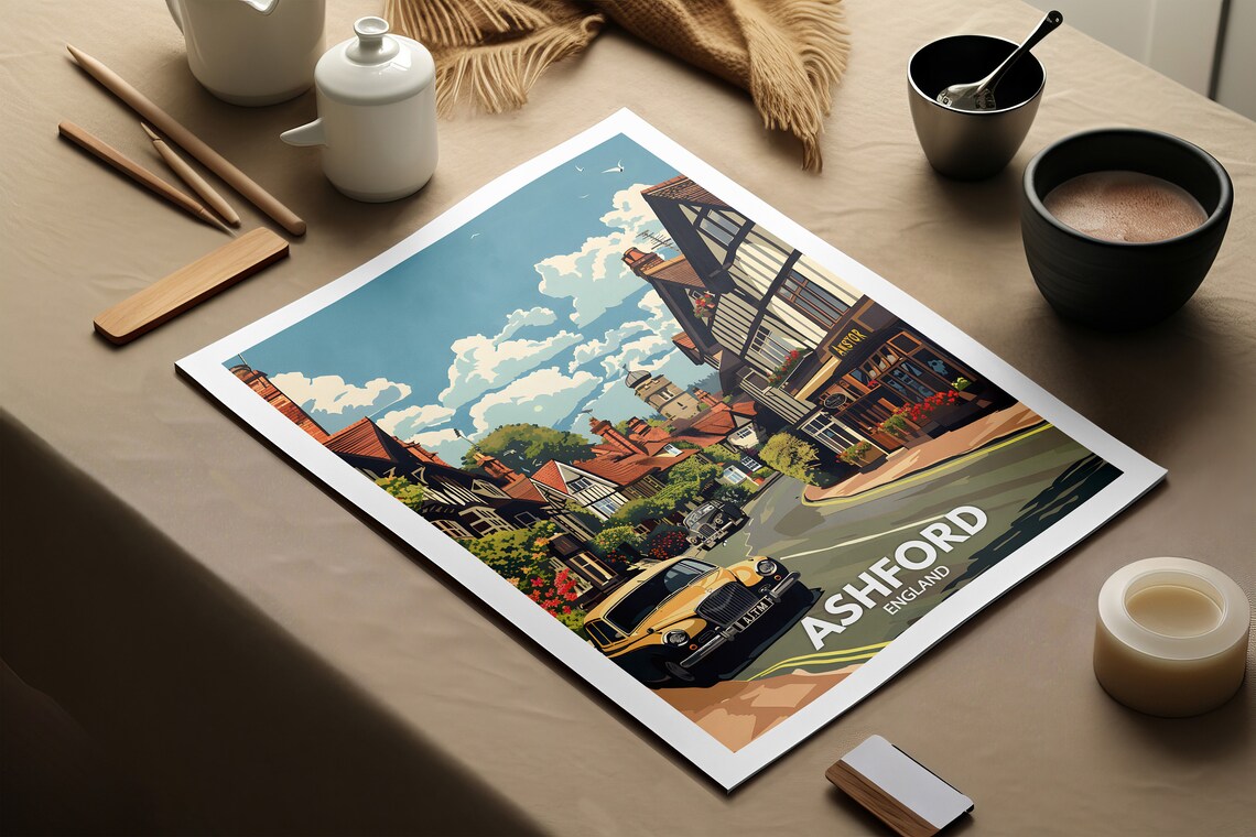 Ashford England Tudor Street Vintage Cars Historic Town Poster - Image 2