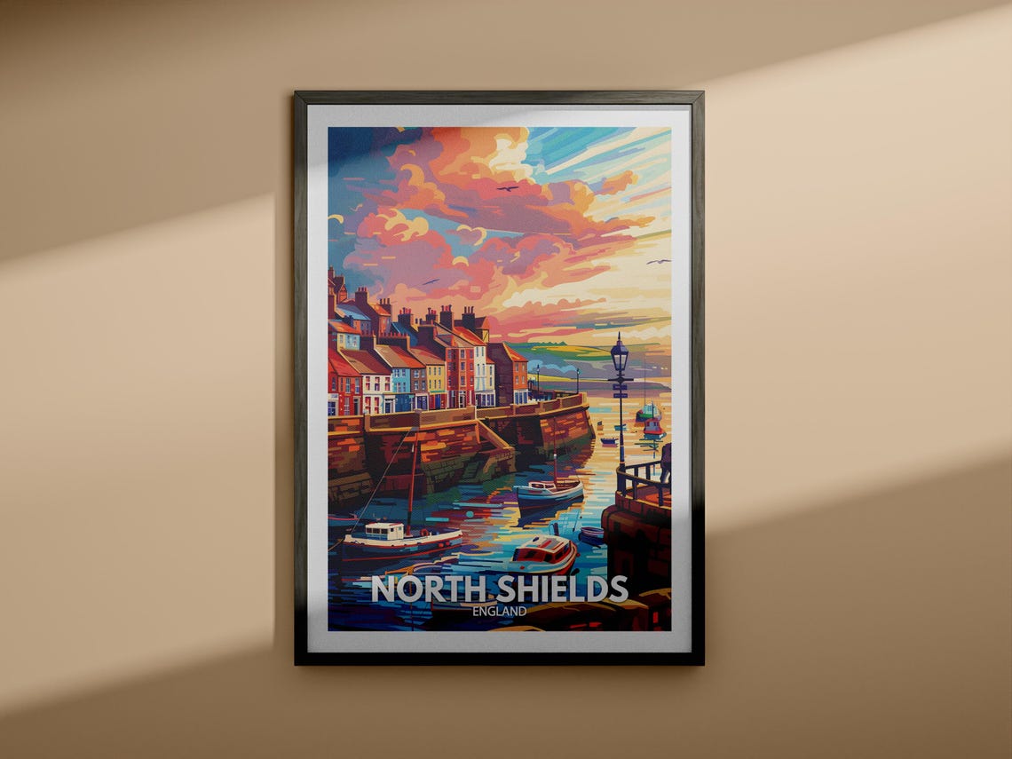 North Shields England Travel Poster Harbor Sunset Boats Colorful - Image 4