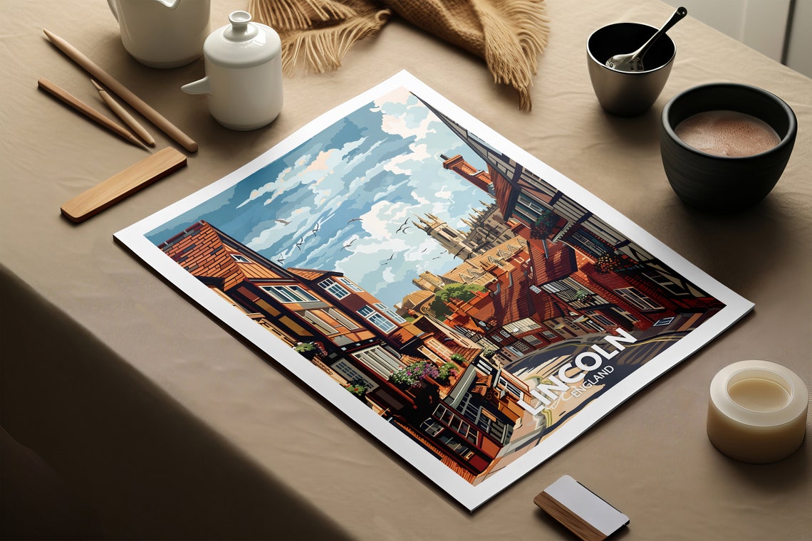 Lincoln England Travel Poster Cathedral Spire Steep Street Scene - Image 2