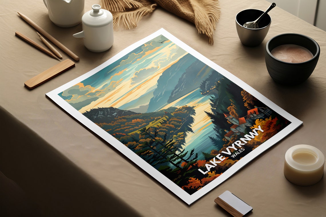 Lake Vyrnwy Print Lake Vyrnwy Poster Wales Lake Travel Poster Lake Wall Art Decor United Kingdom Lake Art Wales Nature Poster - Image 2
