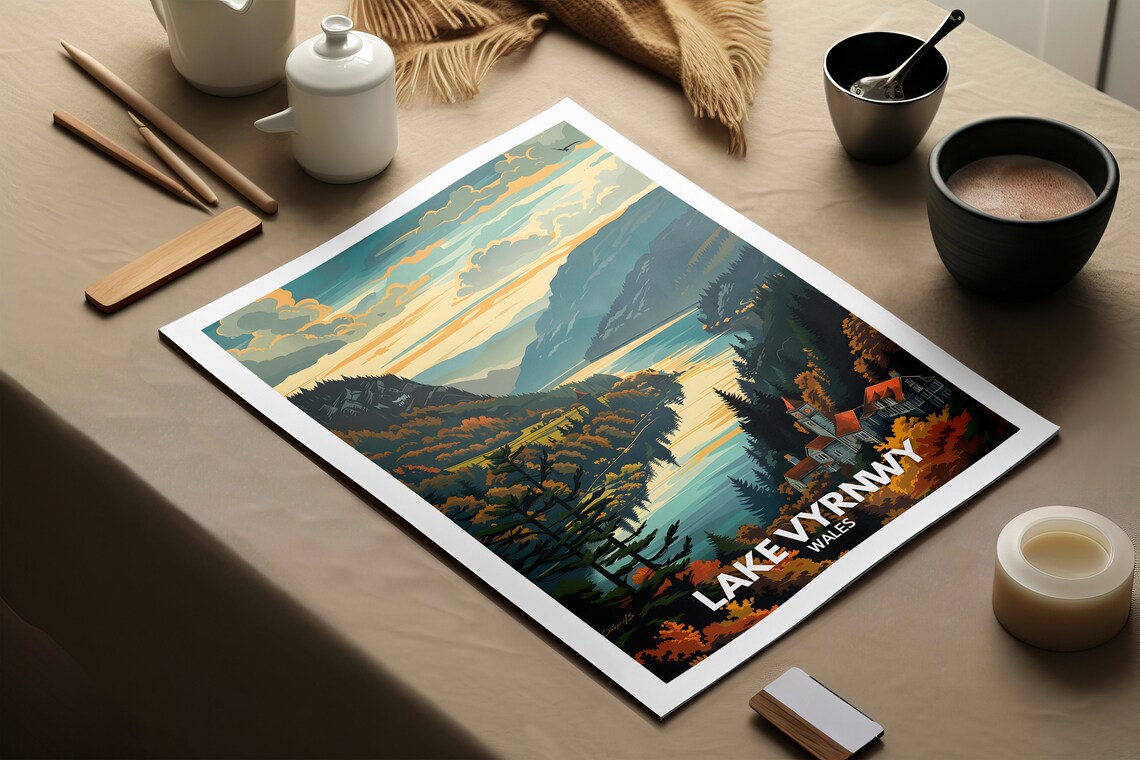Lake Vyrnwy Wales Mountain Lake Red Roofed Building Vintage Poster - Image 2