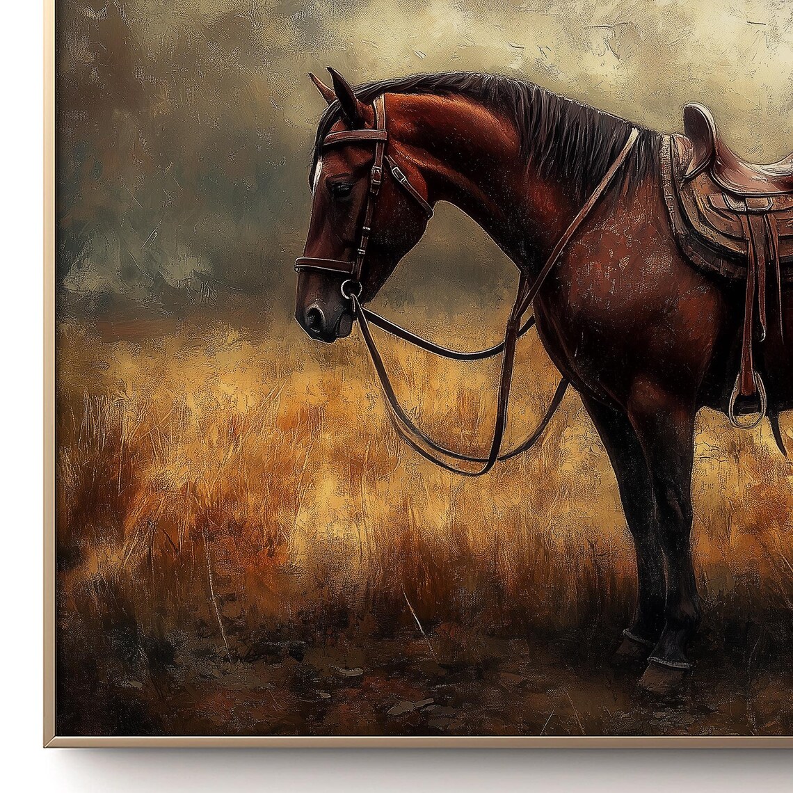 Bay Horse Western Saddle Moody Vintage Golden Field Art Poster - Image 3