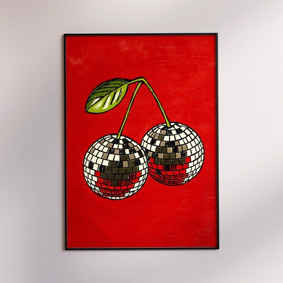 Disco Ball Cherries Retro Red Background Party Decor Wall Art