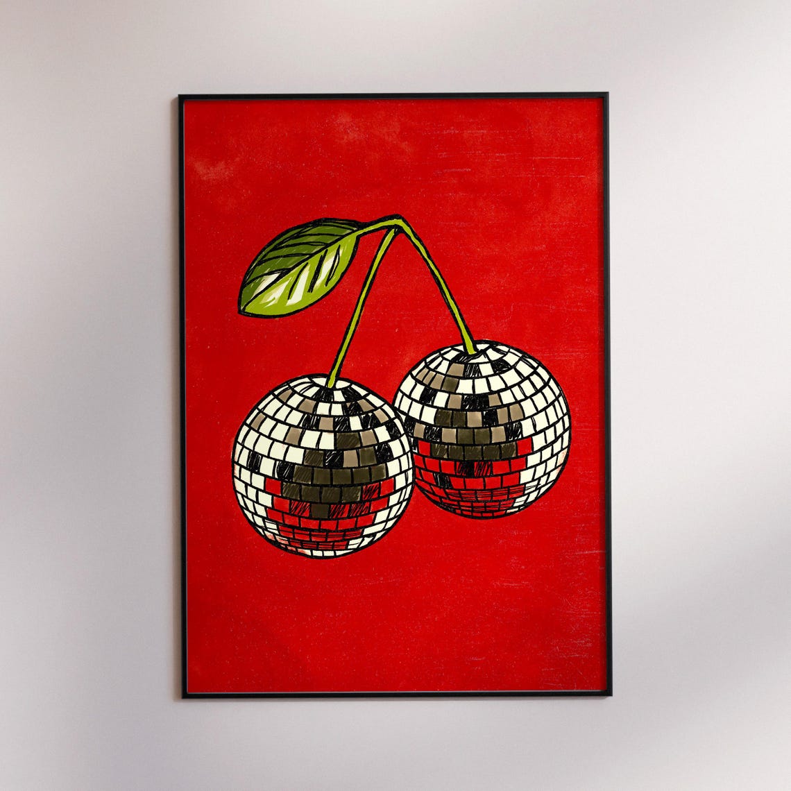 Disco Ball Cherries Retro Red Background Party Decor Wall Art