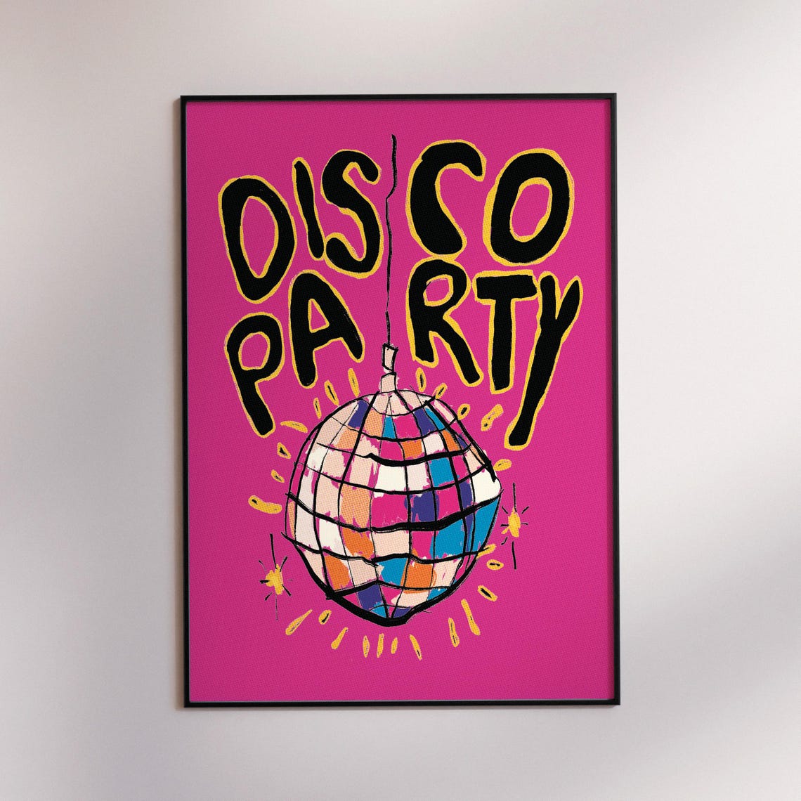 Disco Party Magenta Poster With Retro Disco Ball Illustration