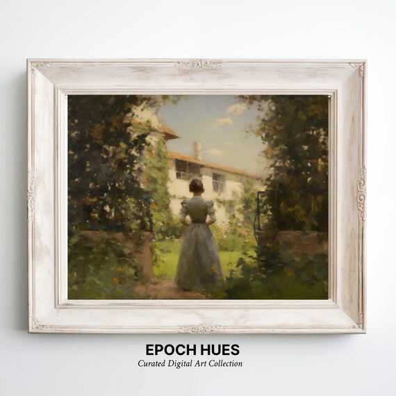 Woman In Gray Dress Walking In Garden Toward Villa Vintage Painting Poster