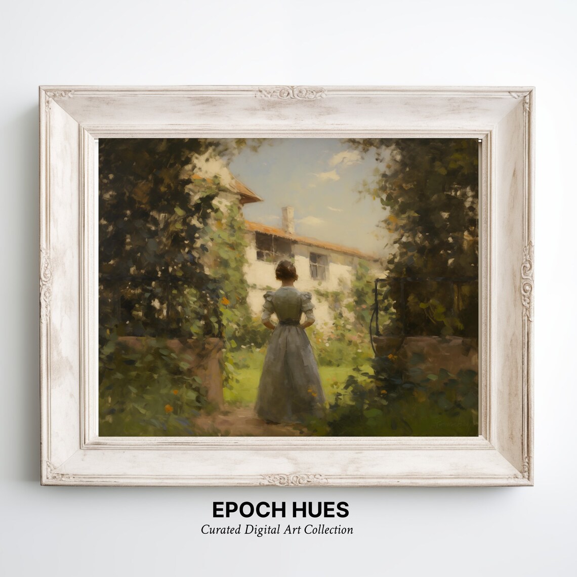 Woman In Gray Dress Walking In Garden Toward Villa Vintage Painting Poster