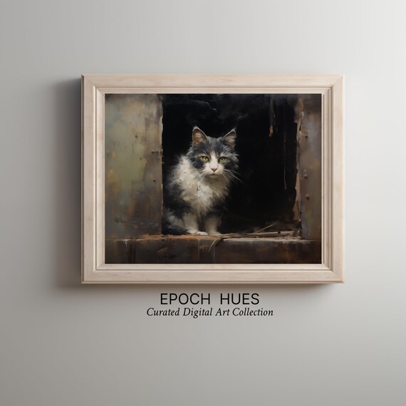 Fluffy Long Haired Cat Portrait in Rustic Dark Doorway Poster