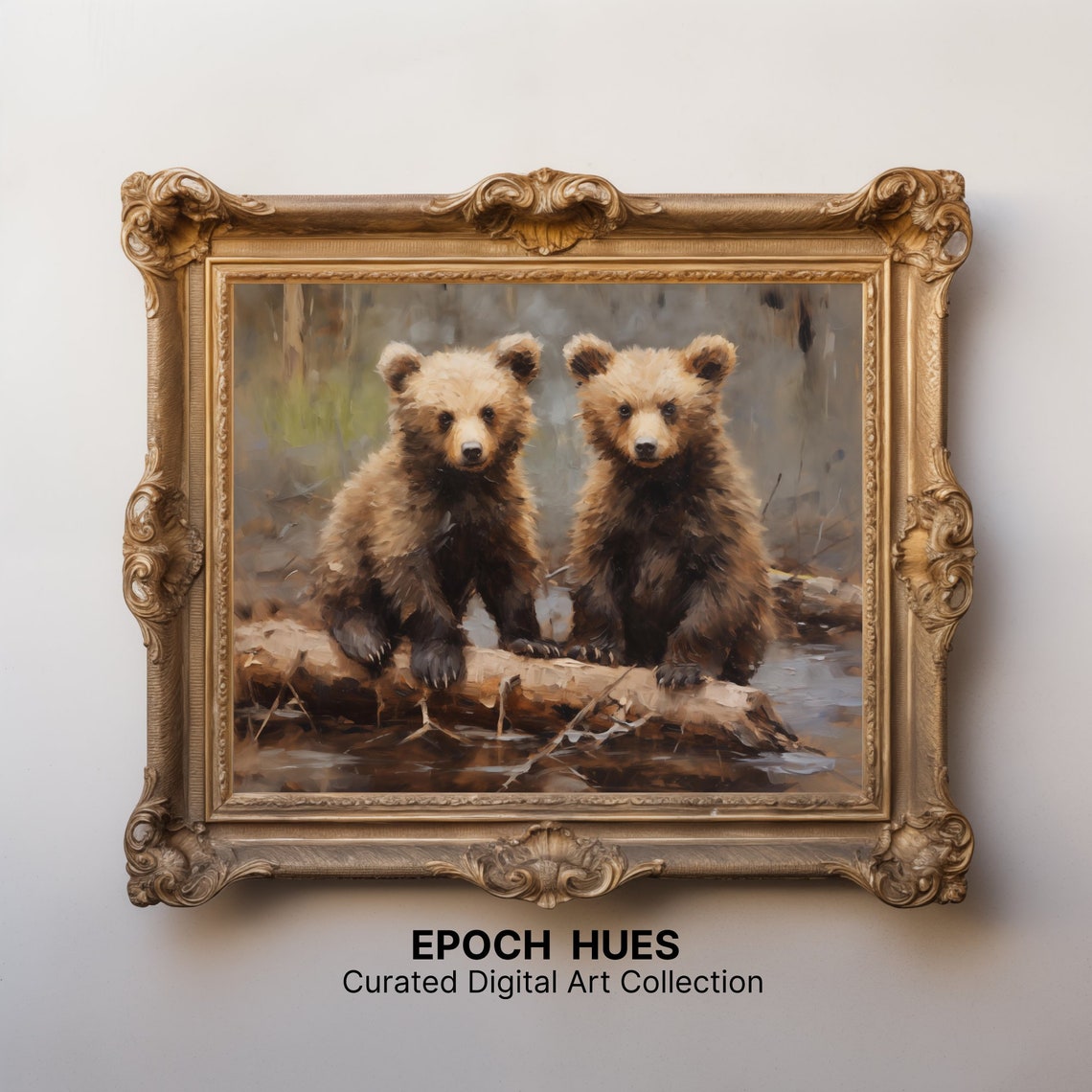 Two Fluffy Bear Cubs on Forest Log by Stream Wildlife Poster - Image 3