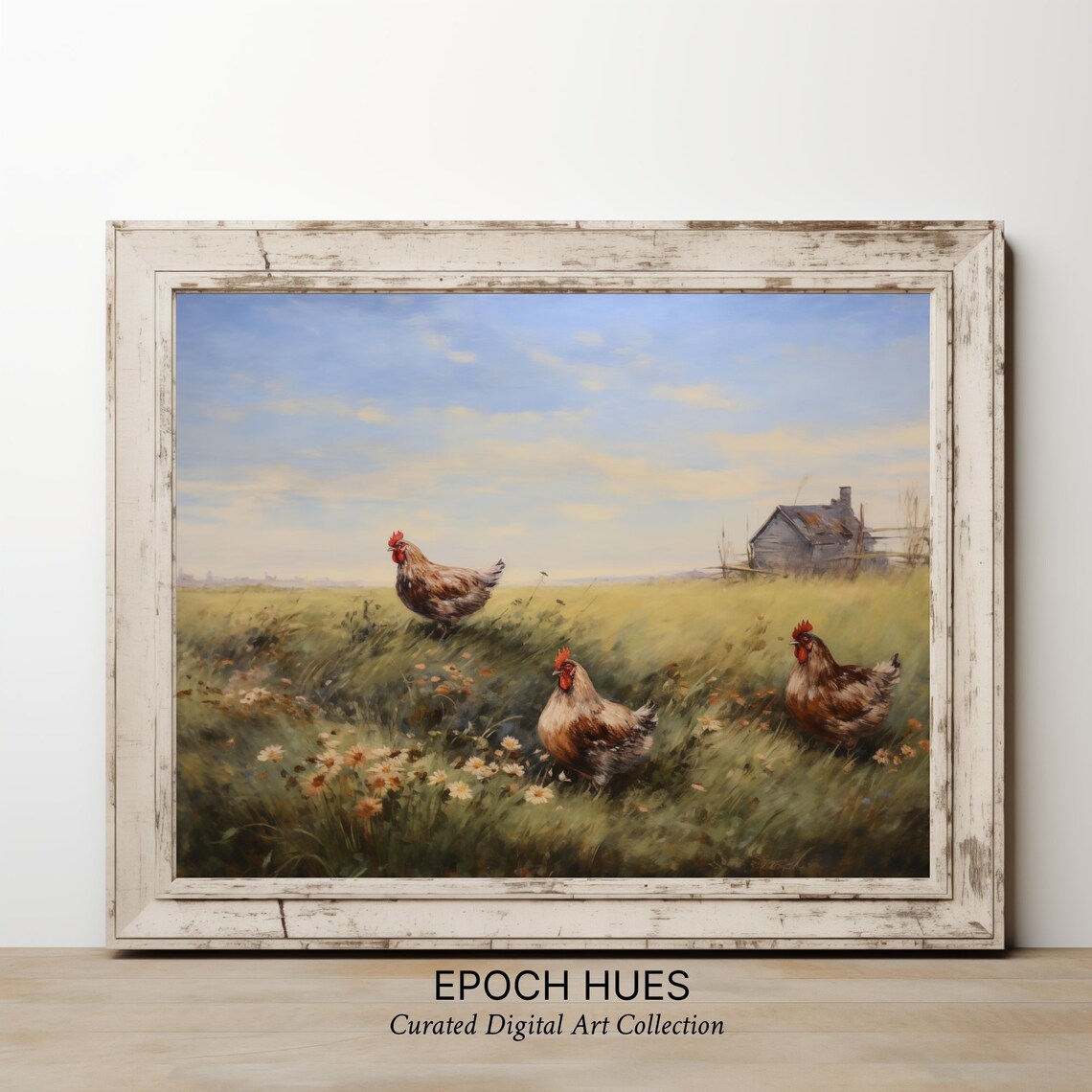 Three Chickens In A Daisy Meadow Pastoral Farm Scene Art Poster - Image 2