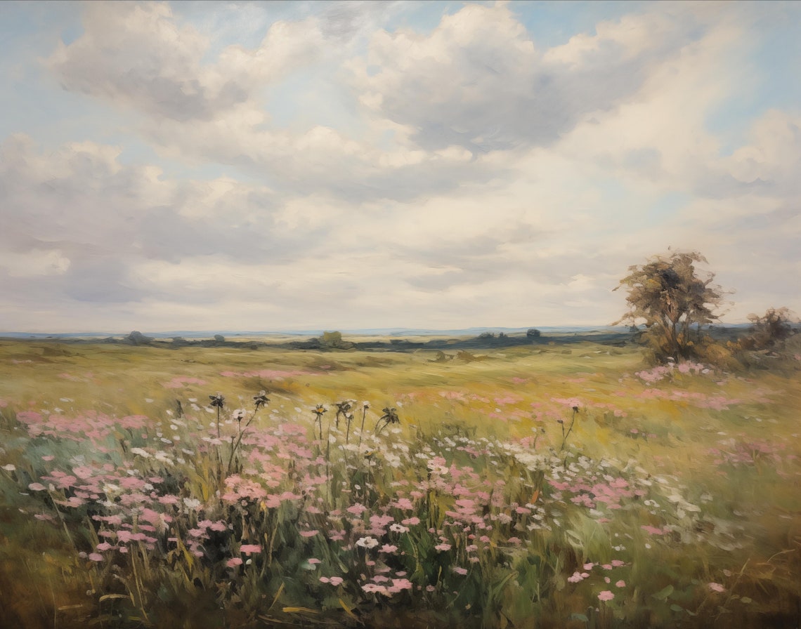 Wildflower Meadow Under Dramatic Cloudy Sky Landscape Poster - Image 2