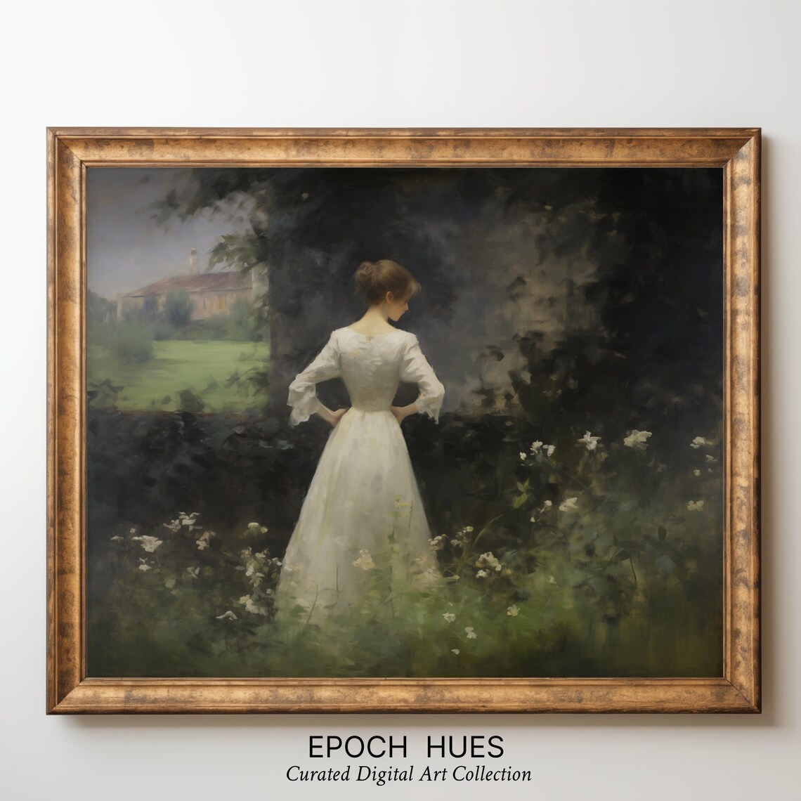 White Gown Woman Dark Foliage Moonlit Night Garden Painting Poster