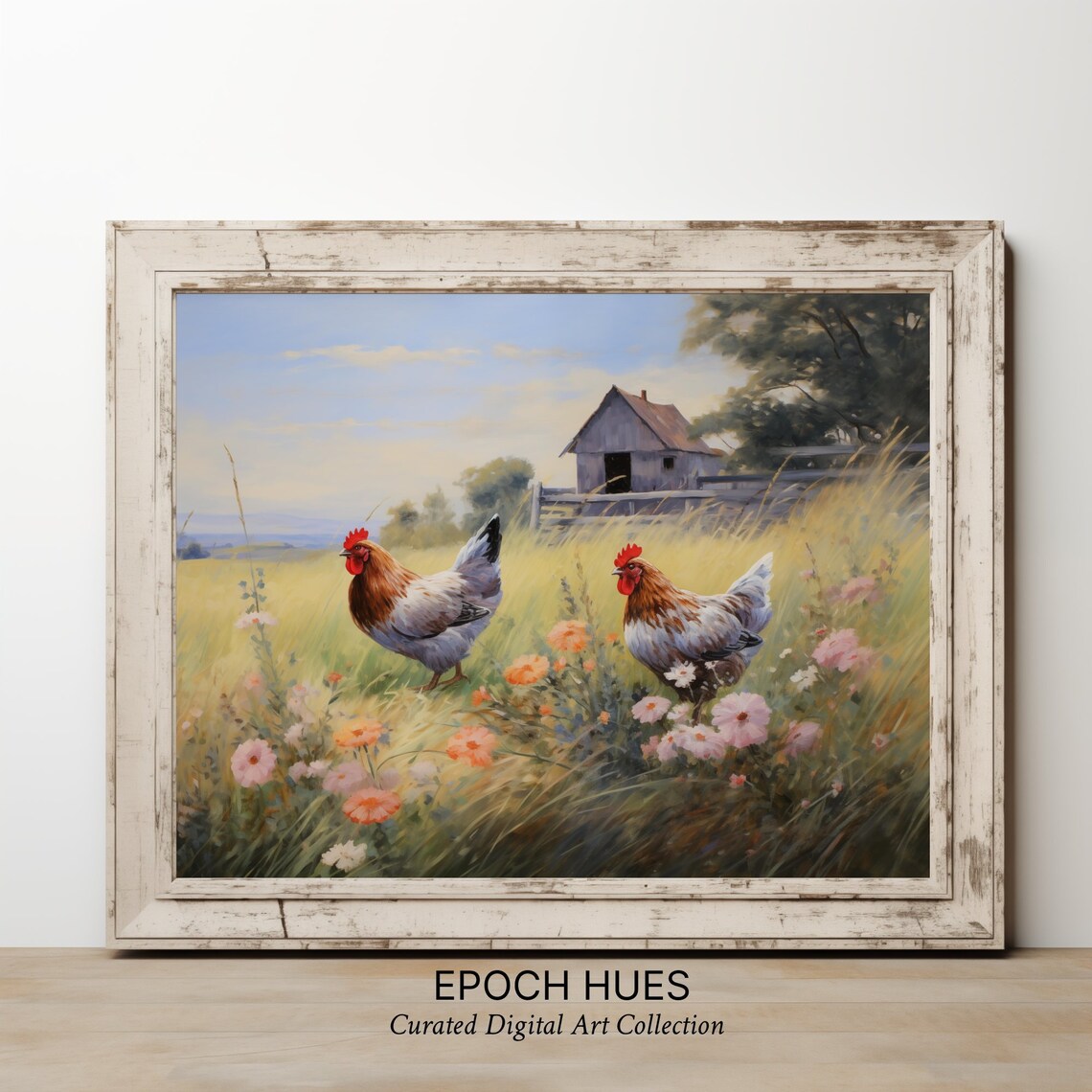 Two Roosters in Wildflower Meadow Barn Beyond Country Poster