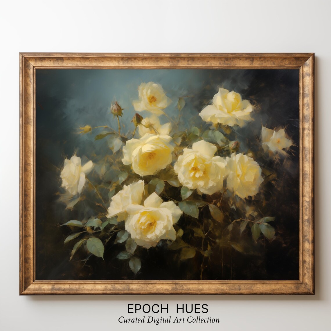 Creamy White Roses Blooming in Dark Garden Romantic Floral Poster