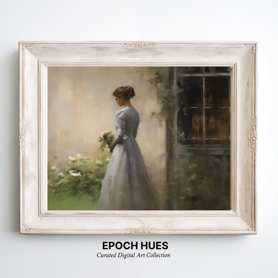 Woman With Bouquet By Window Antique Blue Dress Portrait Painting Print