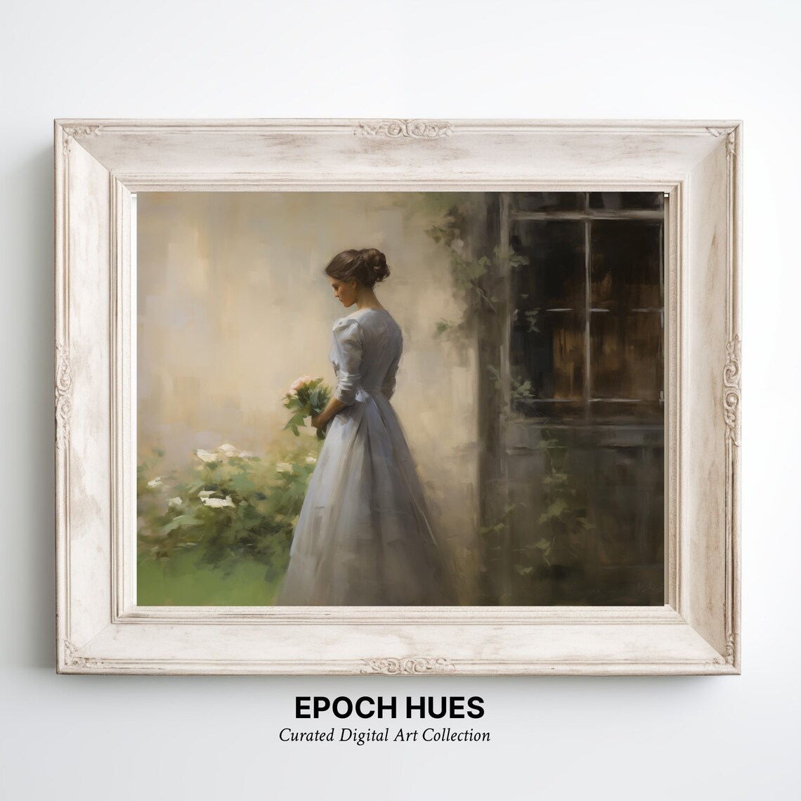 Woman With Bouquet By Window Antique Blue Dress Portrait Painting Print