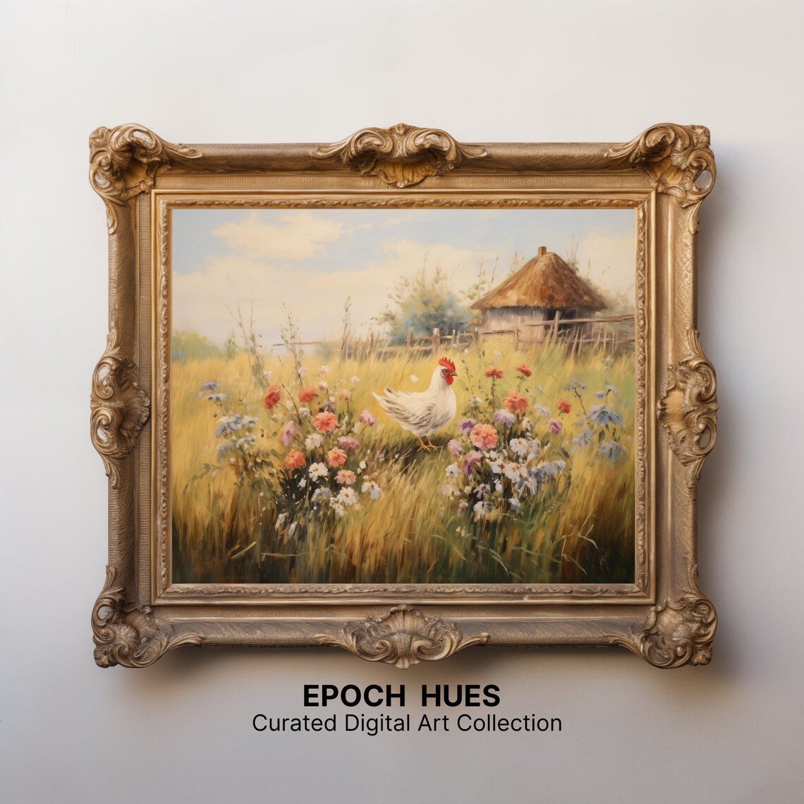 White Hen Among Wildflowers Wheat Field Cottage Painting Poster - Image 2