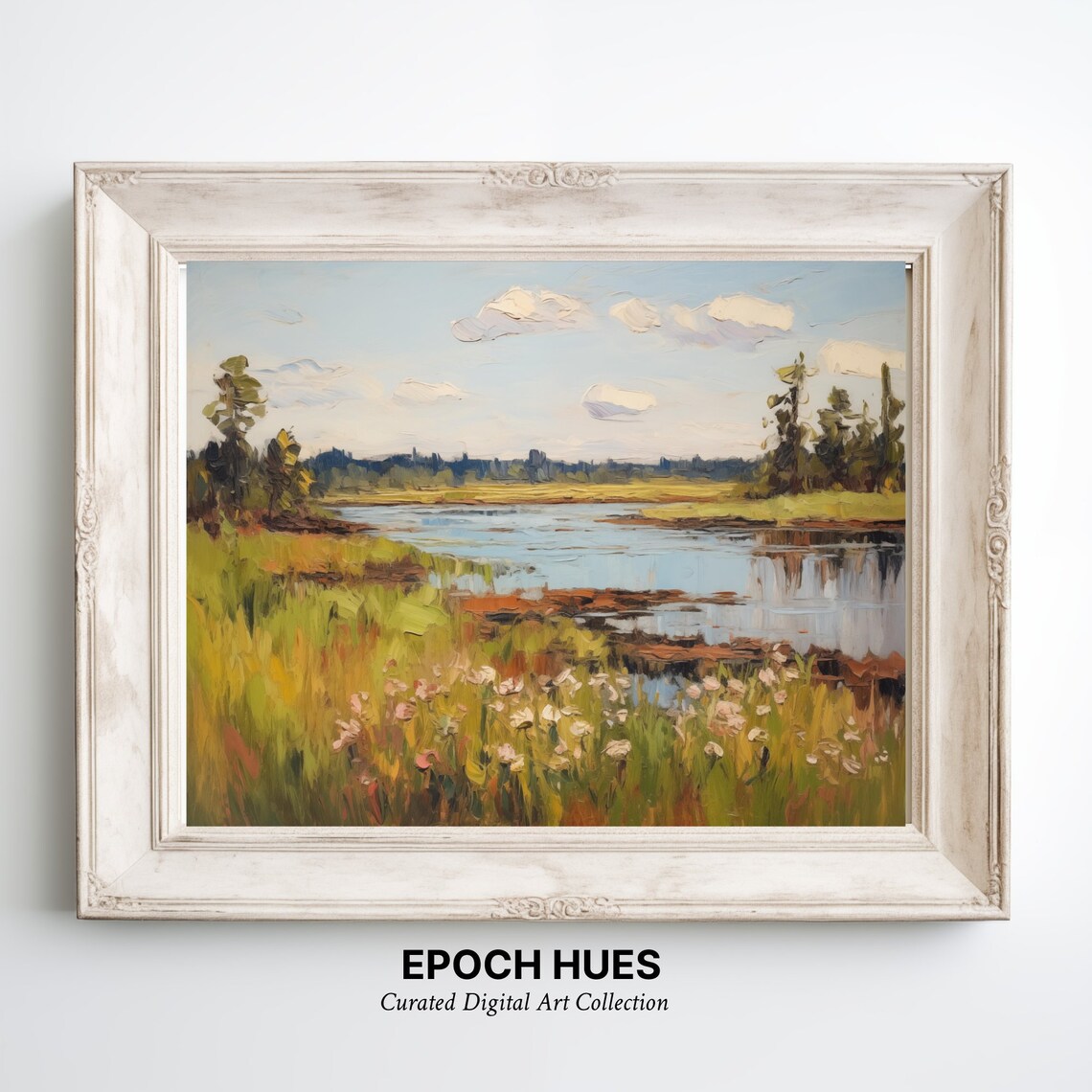 Impressionist Landscape, Serene River And Flower Fields