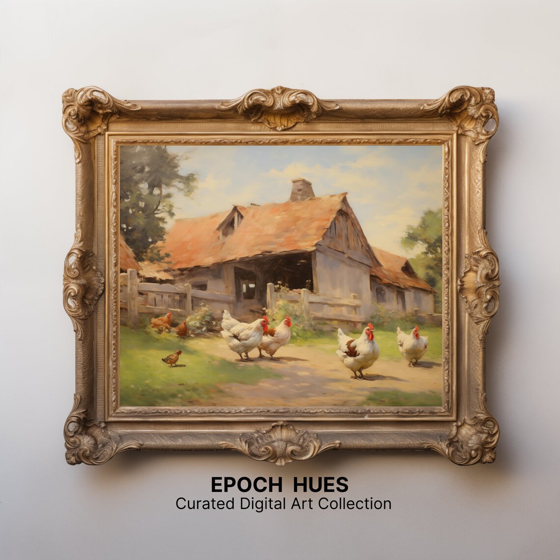 Flock of White Hens in Rustic Barnyard Country Painting Poster - Image 2