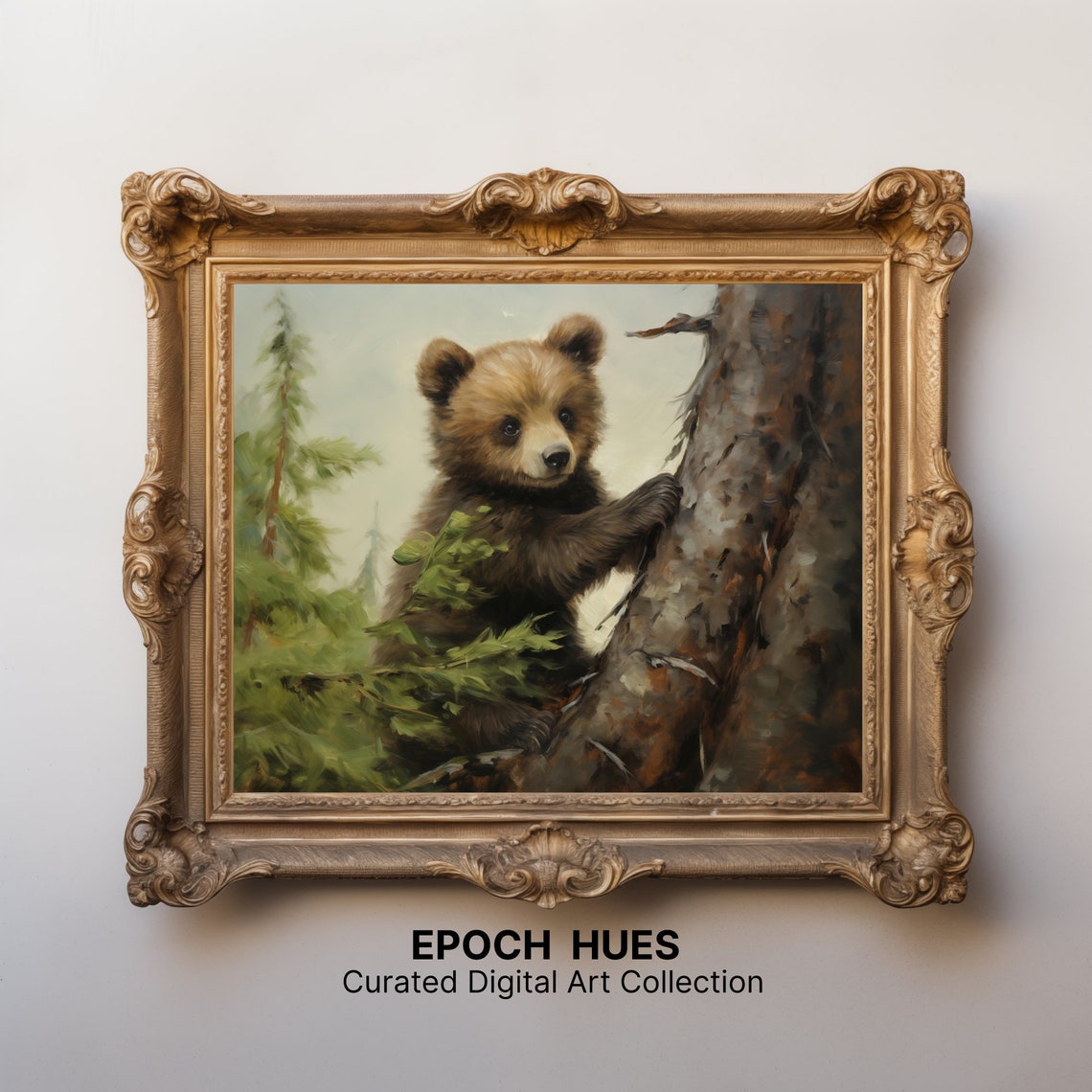 Adorable Baby Bear Cub Climbing a Tree in Green Forest Poster - Image 3