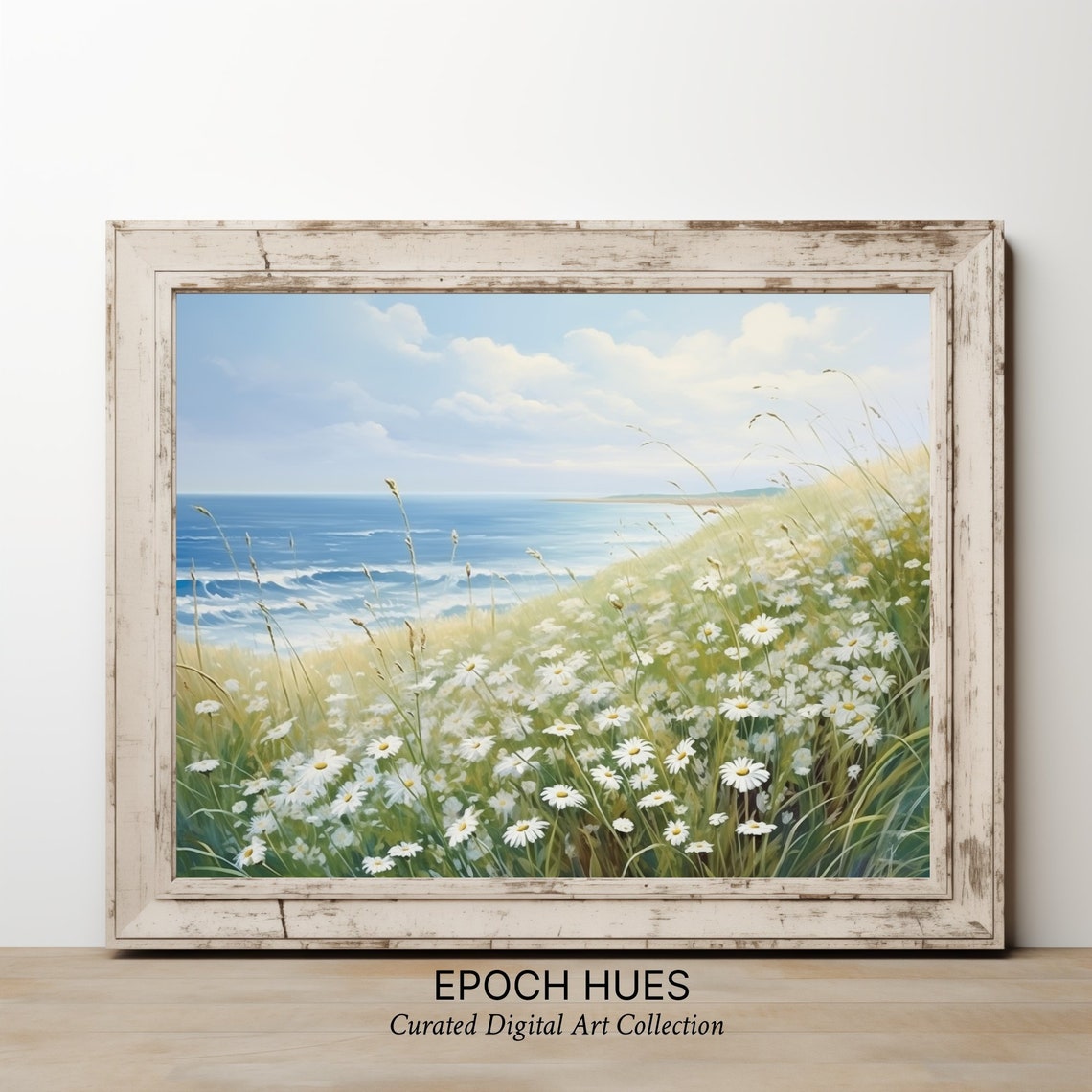 Coastal Daisy Meadow Ocean View Wildflower Seascape Painting Poster - Image 2