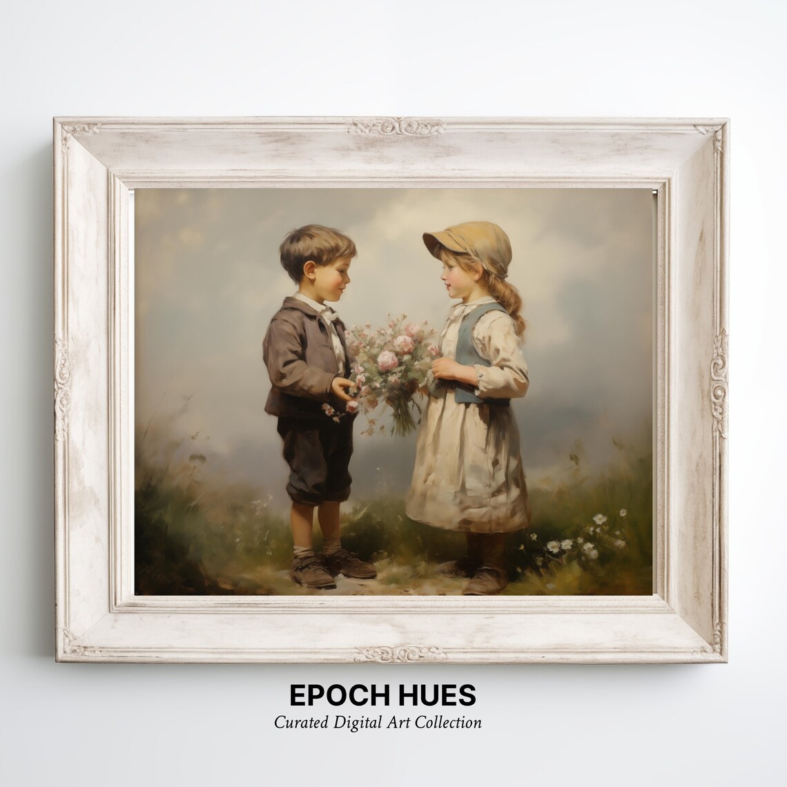 Boy Giving Girl Pink Flowers Vintage Meadow Children Artwork Wall Art - Image 2