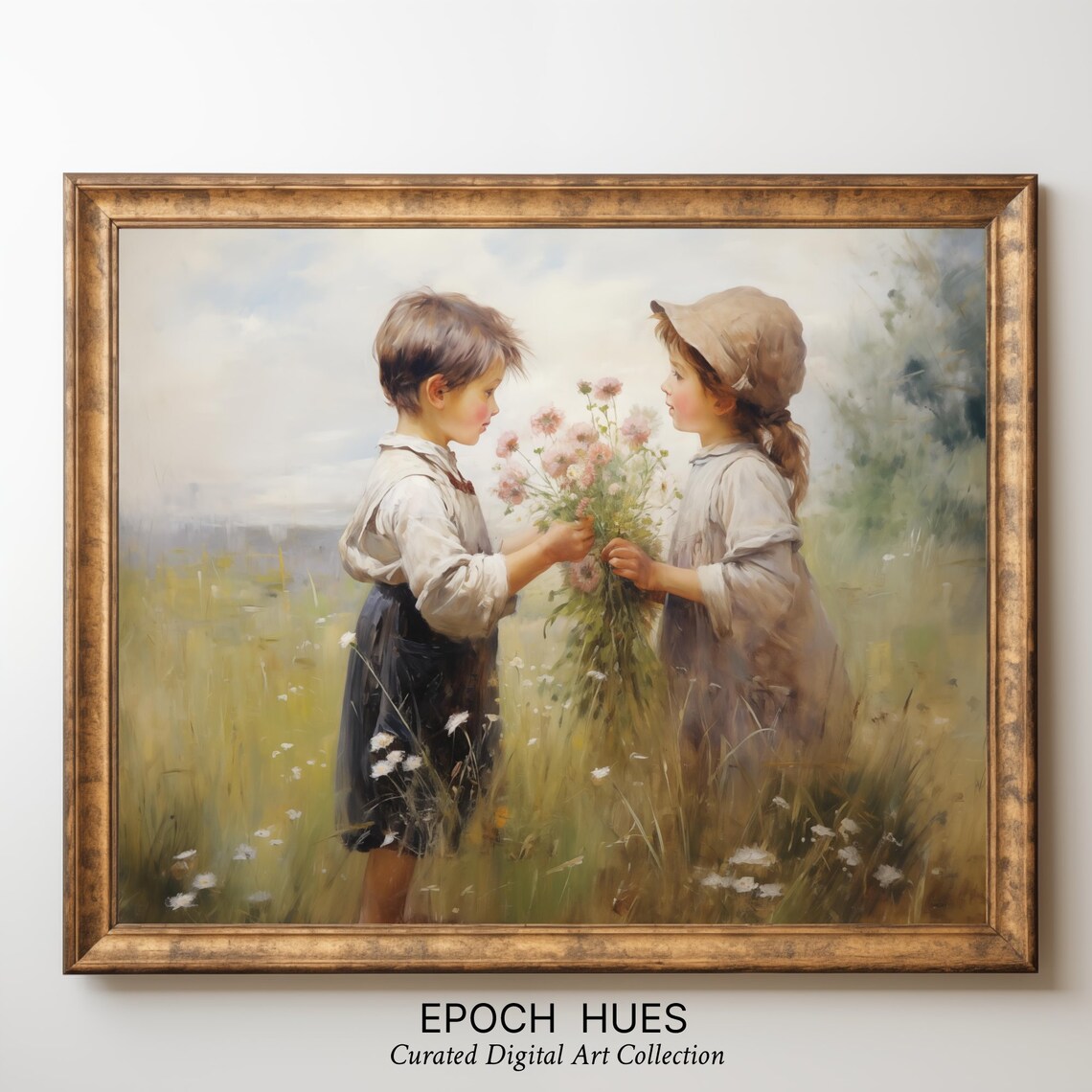 Boy And Girl Sharing Wildflowers Sunny Meadow Painting Wall Art - Image 3