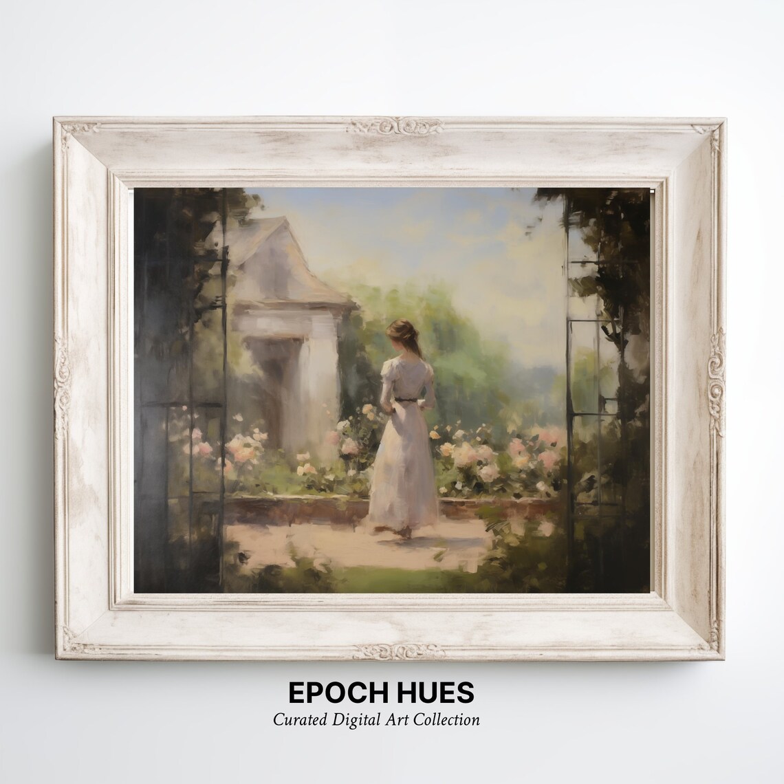 Woman In White Gown Garden Pavilion Pink Roses Painting Poster - Image 2
