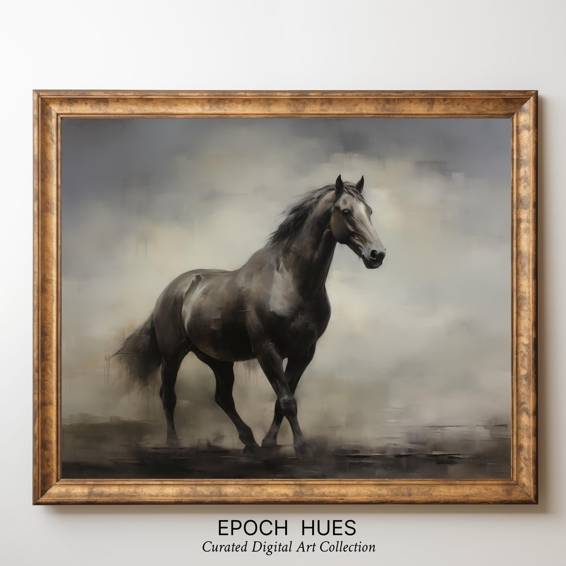 Majestic Dark Horse Galloping Through Mist Equine Art Poster - Image 3