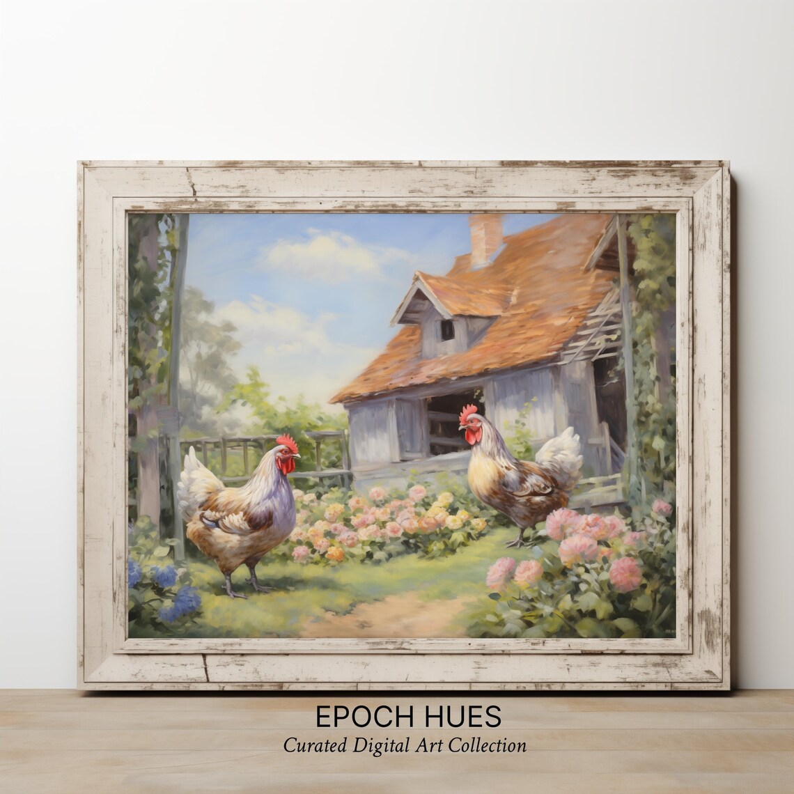 Two Roosters In A Blooming Farmhouse Garden Rustic Art Print
