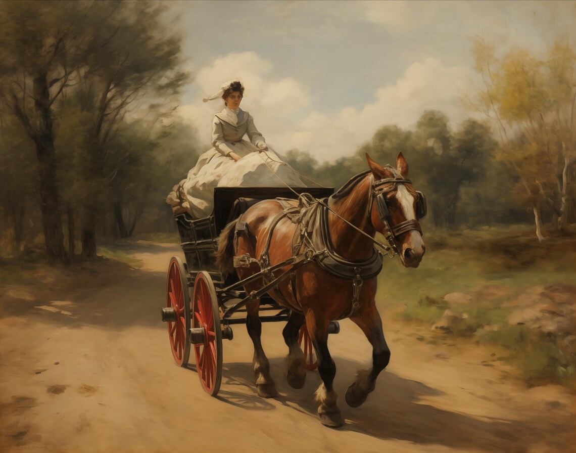 Woman Riding Horse Drawn Carriage on Country Road Vintage Poster - Image 2