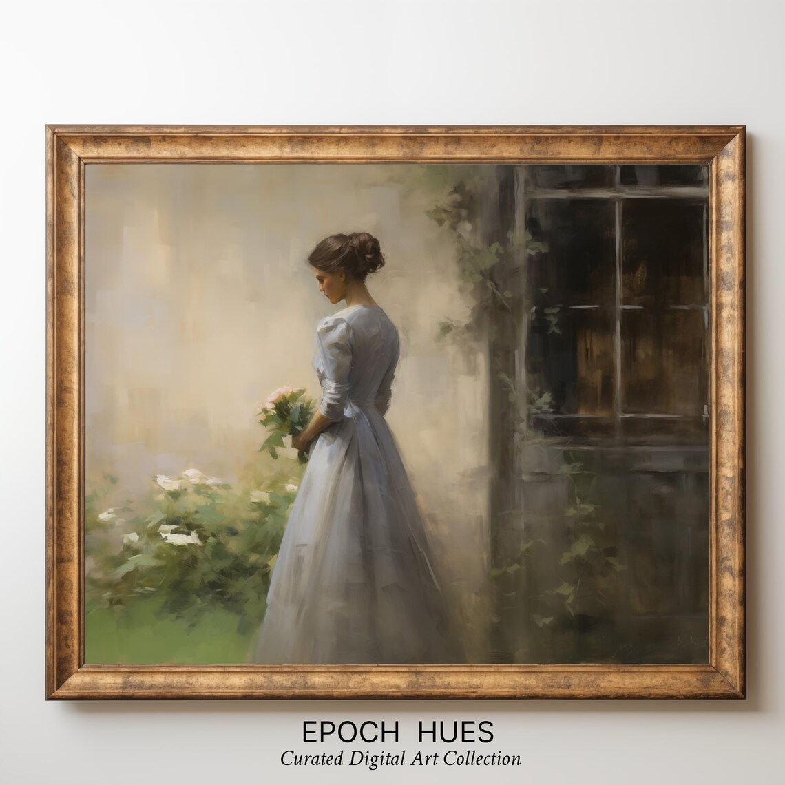 Woman With Bouquet By Window Antique Blue Dress Portrait Painting Print - Image 3