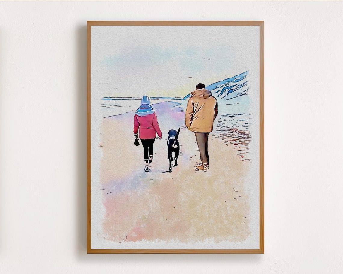 Smiling Man with Golden Dog on the Sandy Beach Watercolor Pet Poster - Image 4