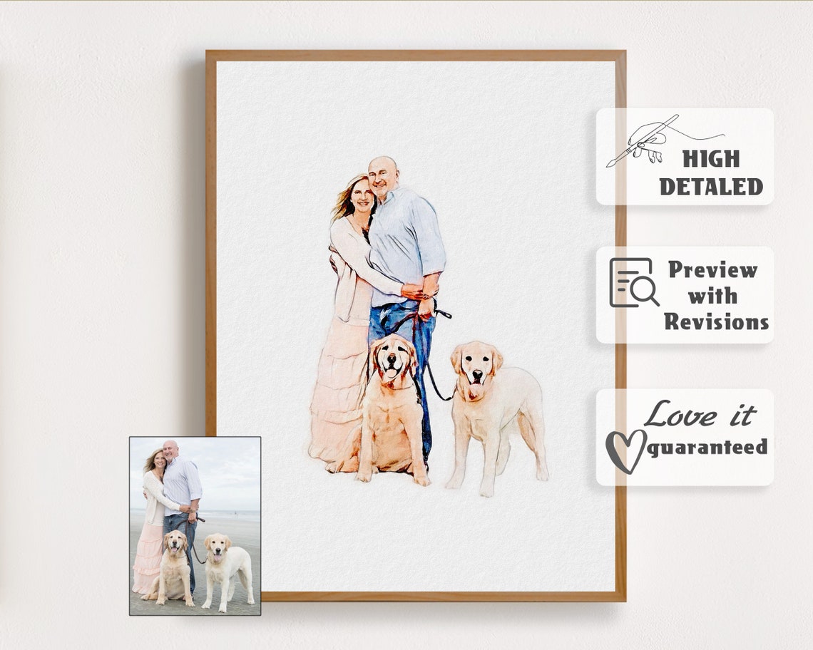 Happy Couple with Two Golden Dogs Watercolor Pet Family Portrait Poster